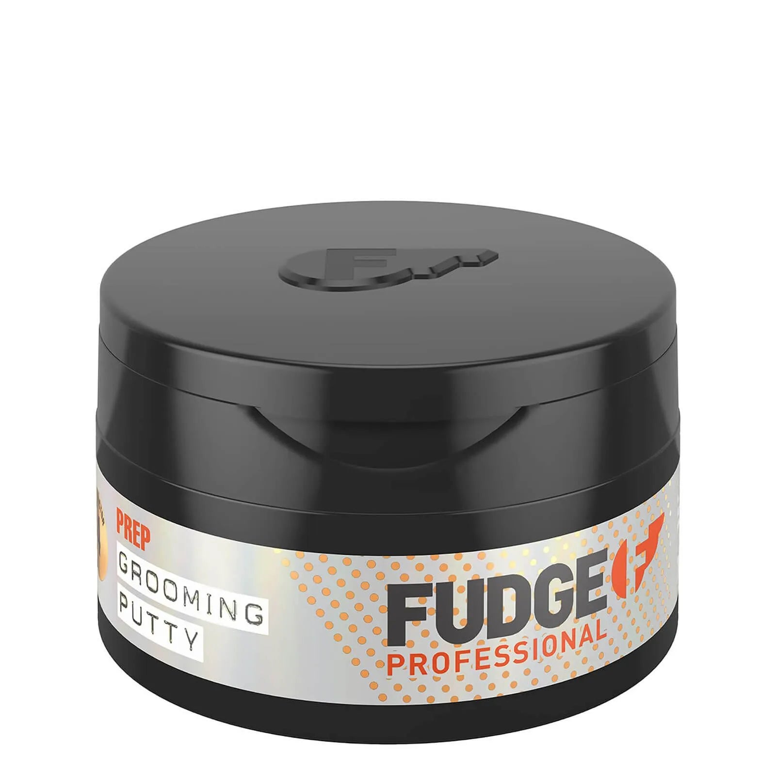 Fudge grooming putty jar with black lid on a white background