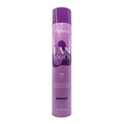Purple hair spray can with 'Fanola' branding on a white background