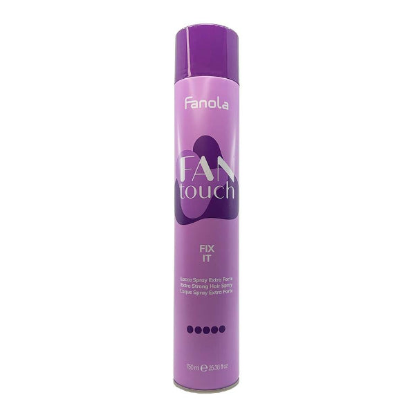 Purple hair spray can with 'Fanola' branding on a white background