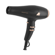 Black hair dryer with rose gold accents on a white background