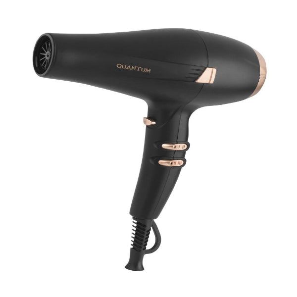 Black hair dryer with rose gold accents on a white background