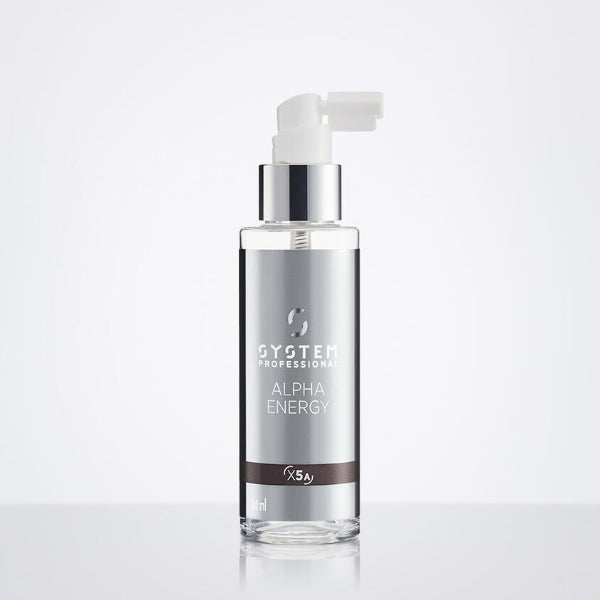 Bottle of System Professional Alpha Energy hair product on a white background