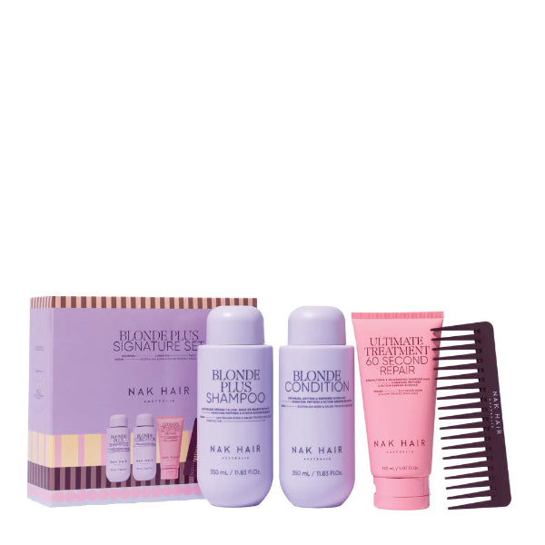 Nak Hair hair care product set including shampoo, conditioner, treatment, and comb on a white background