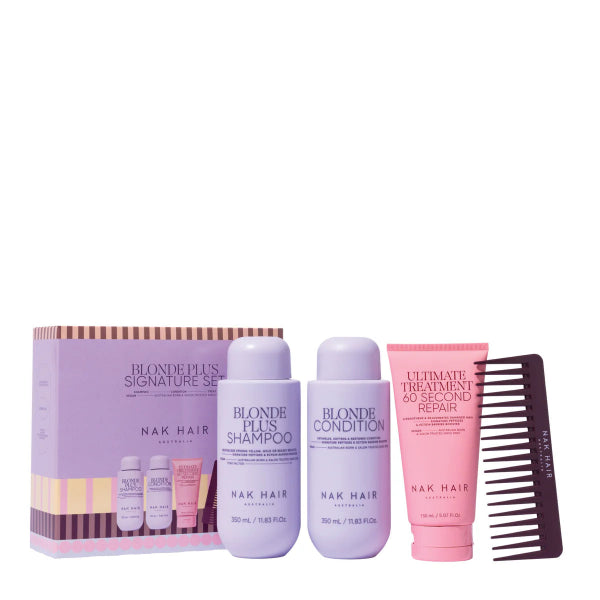 Nak Hair hair care product set including shampoo, conditioner, treatment, and comb on a white background