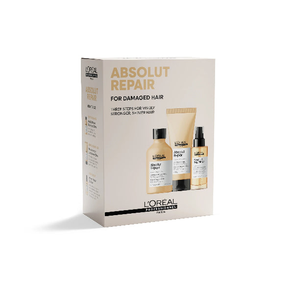 L'Oreal Absolut Repair hair care product set packaging on a white background