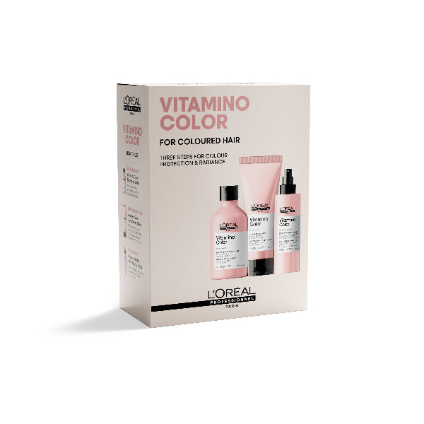 L'Oreal Vitamin Color hair care product set packaging on a white background