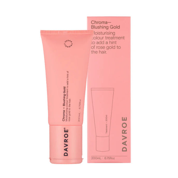 Davroe Chroma Blushing Gold hair treatment tube and packaging on a white background