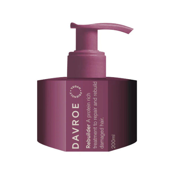 Purple Davroe hair treatment bottle with pump on a white background