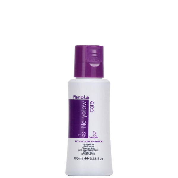 Fanola No Yellow Care shampoo bottle with purple label on a white background