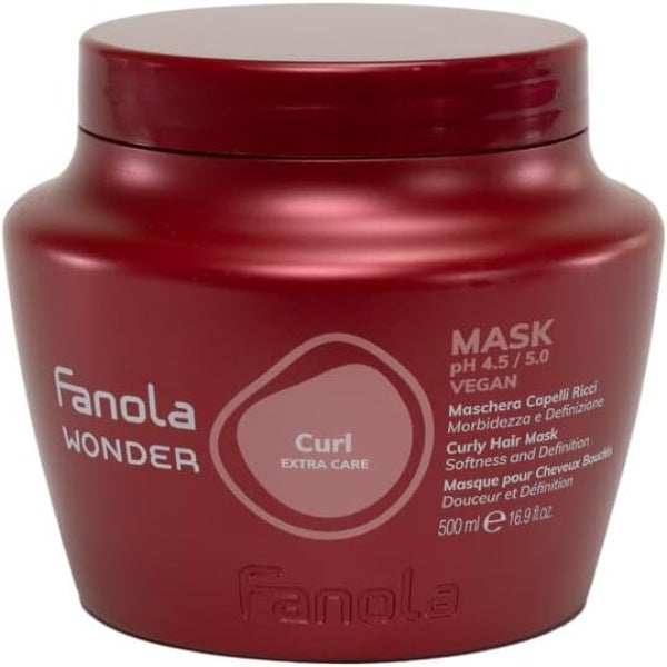 Red jar of Fanola Wonder Curl Extra Care Mask on a white background