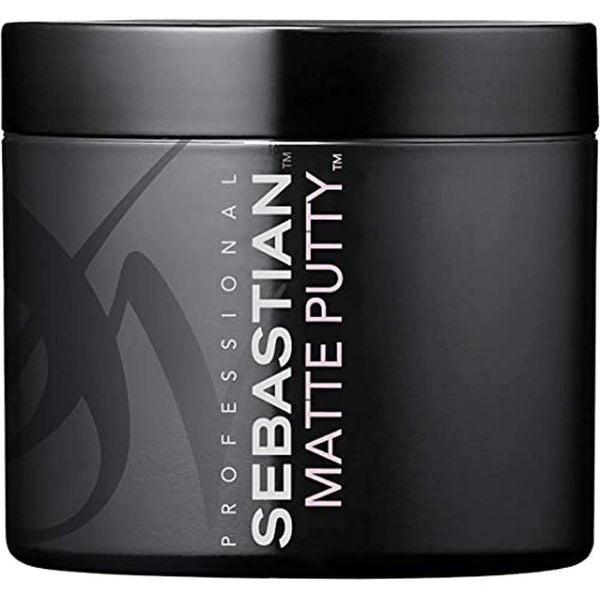 Black container of Sebastian Matte Putty with branding on a black background