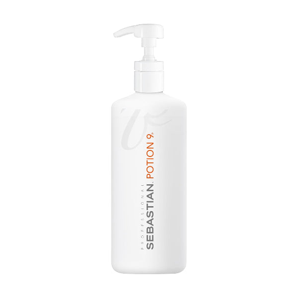 White bottle of Sebastian Potion 9 with pump on a white background