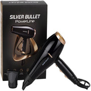 Black hair dryer with gold accents next to its packaging box labeled 'Silver Bullet PowerLine'.