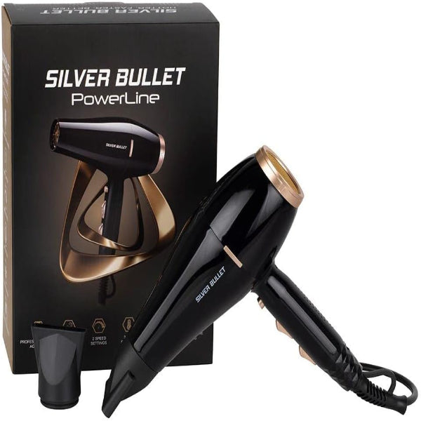 Black hair dryer with gold accents next to its packaging box labeled 'Silver Bullet PowerLine'.