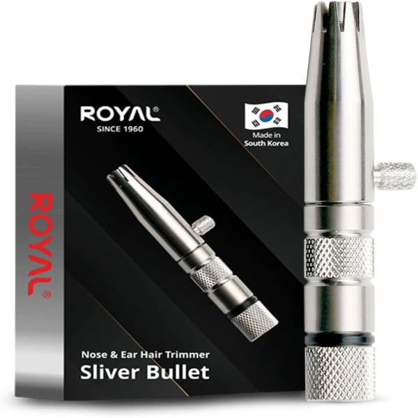 Nose and ear hair trimmer with packaging displaying 'Royal' brand and 'Sliver Bullet' model.