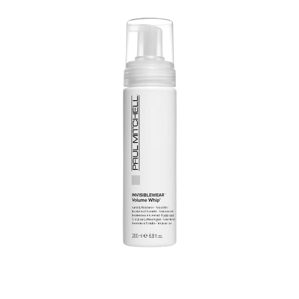White bottle of Paul Mitchell Invisiblewear Volume Whip on a white background