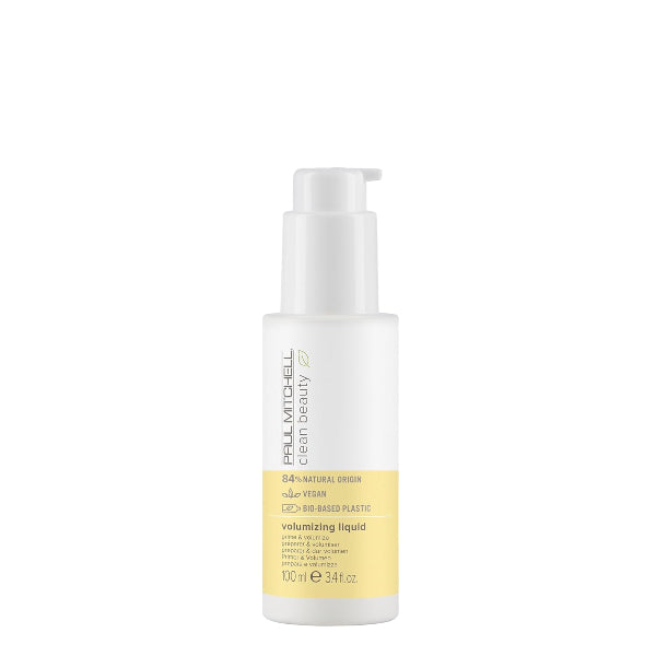 Bottle of Paul Mitchell Clean Beauty volumizing liquid on a white background