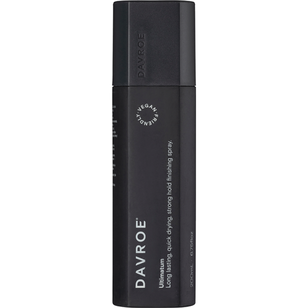 Black Davroe hair spray bottle on a white background