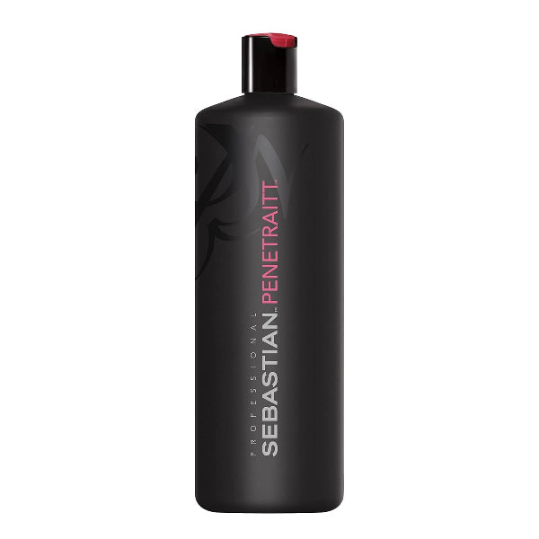 Black bottle of Sebastian Penetraitt hair product on a white background