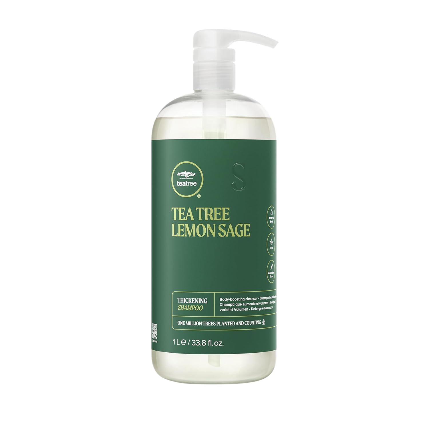 Tea Tree Lemon Sage shampoo bottle with green label on a white background