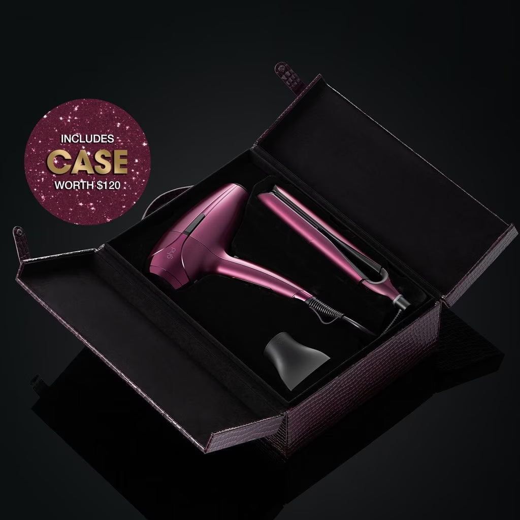 NEW GHD DELUXE HAIR DRYER AND STRAIGHTENER GIFT SET IN CHERRY CHIC