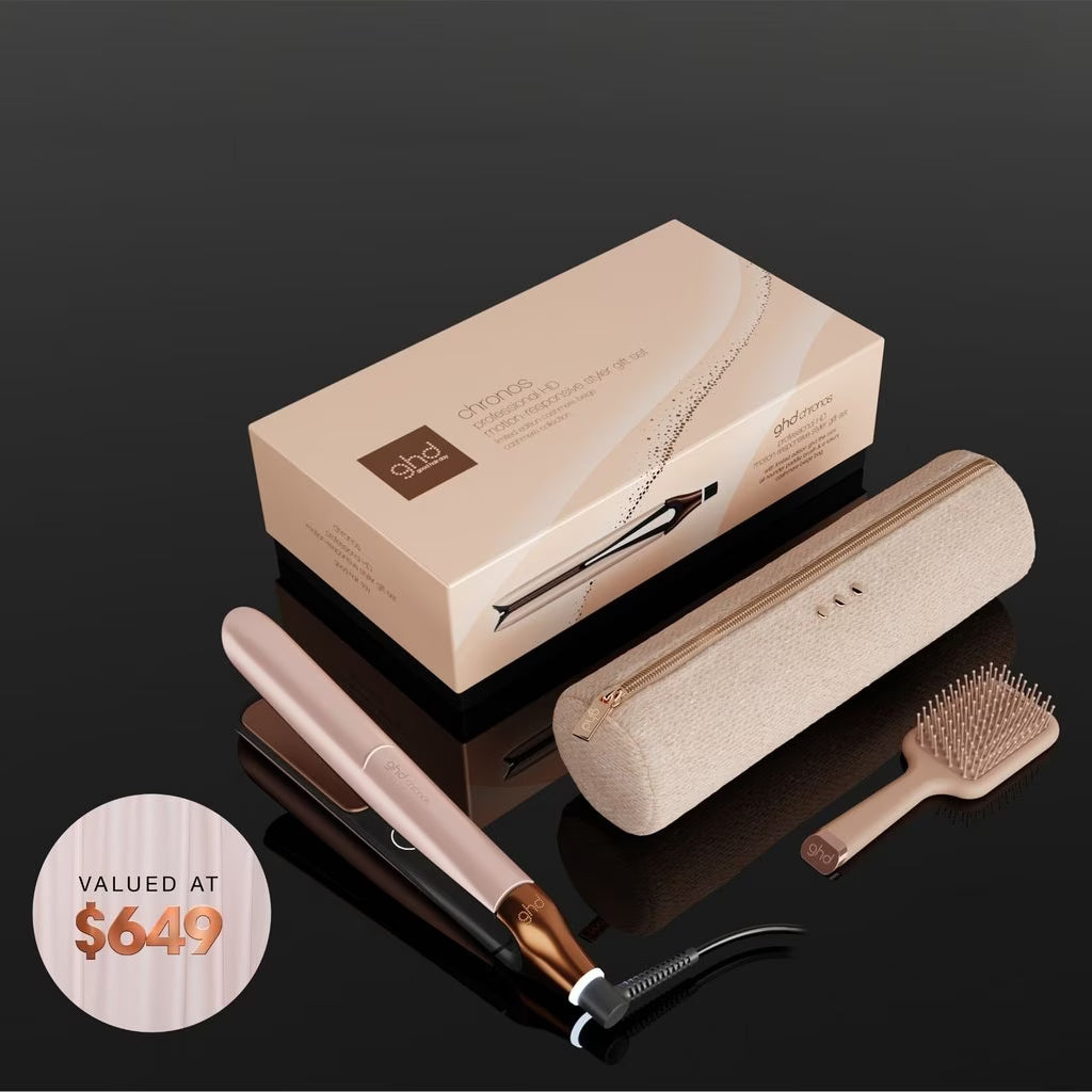 NEW GHD CHRONOS HAIR STRAIGHTENER FESTIVE GIFT SET IN CASHMERE BEIGE