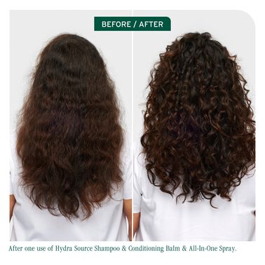 Before and after comparison of hair using Hydra Source products on a white background