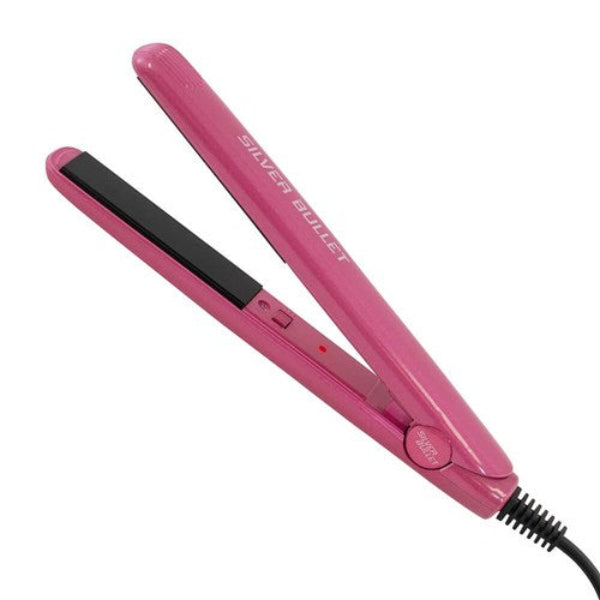 Pink hair straightener with 'Silver Bullet' branding on a white background