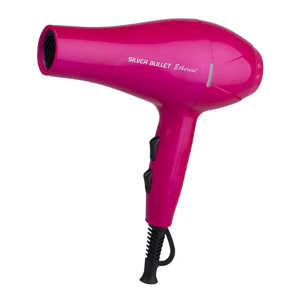 Pink hair dryer with 'Silver Bullet' branding on a white background