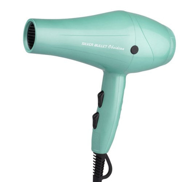 Mint green hair dryer with 'Silver Bullet' branding on a white background