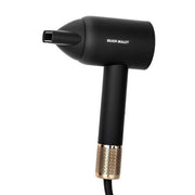 Black hair dryer with gold nozzle on a white background, featuring the 'Silver Bullet' brand.