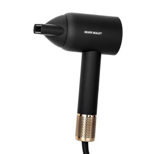 Black hair dryer with gold nozzle on a white background, featuring the 'Silver Bullet' brand.