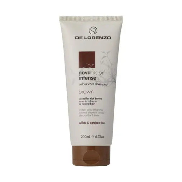 De Lorenzo nova fusion intense color care shampoo tube for brown hair on a white background
