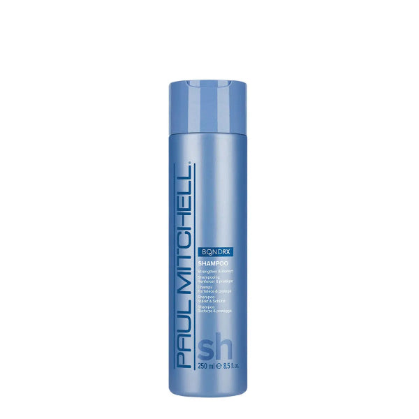 Blue shampoo bottle with 'Paul Mitchell' branding on a white background
