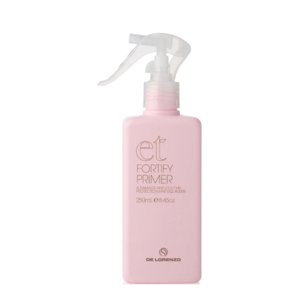Pink spray bottle labeled 'et Fortify Primer' on a white background