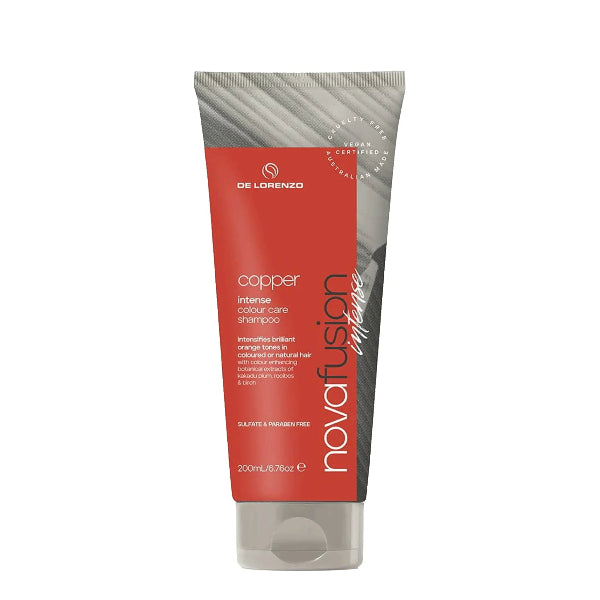 De Lorenzo novafusion intense copper color care shampoo tube on a white background