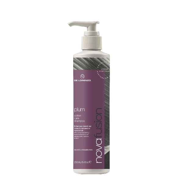 Bottle of De Lorenzo novafusion plum color care shampoo on a white background