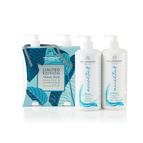 De Lorenzo hair care product set with bottles and packaging on a white background