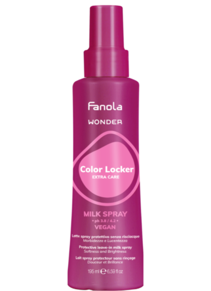 Pink bottle of Fanola Wonder Color Locker Milk Spray on a white background