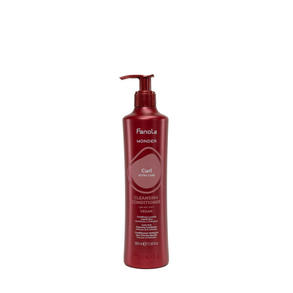Red bottle of Fanola Wonder Curl Cleansing Conditioner on a white background