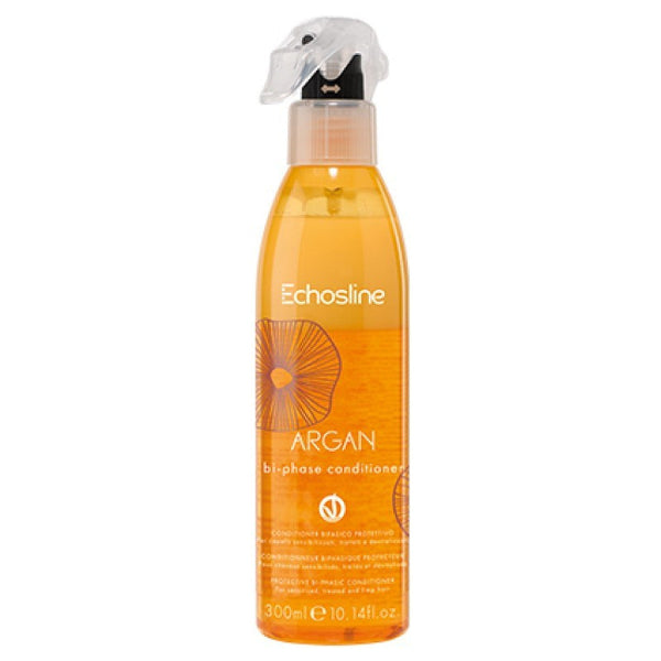 Orange bottle of Echosline Argan bi-phase conditioner on a white background