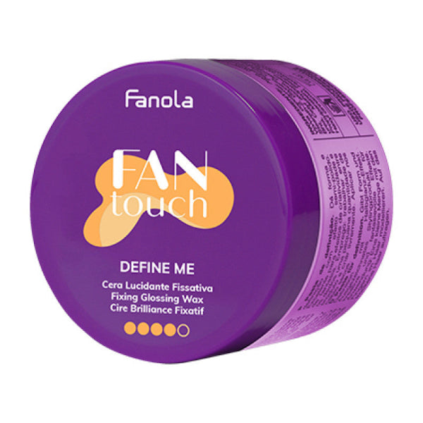 Purple container of Fanola Fan Touch Define Me hair wax on a white background
