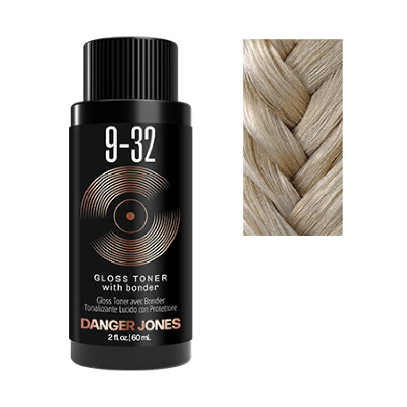 Hair toner bottle with a sample of blonde hair on a white background