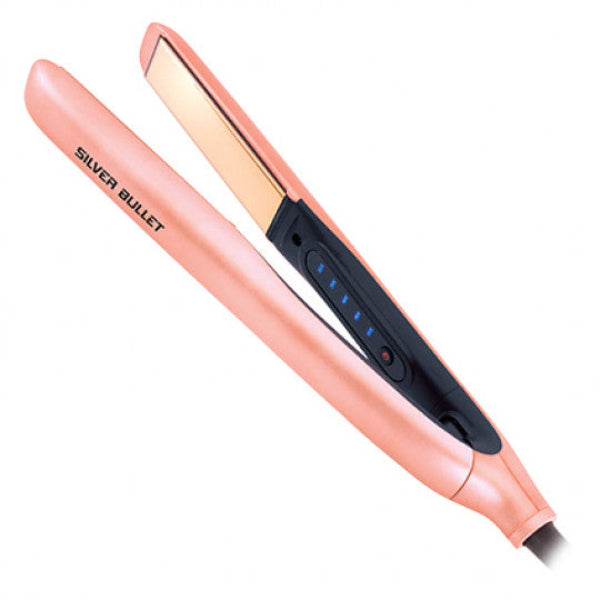 Rose gold hair straightener with 'Silver Bullet' branding on a white background