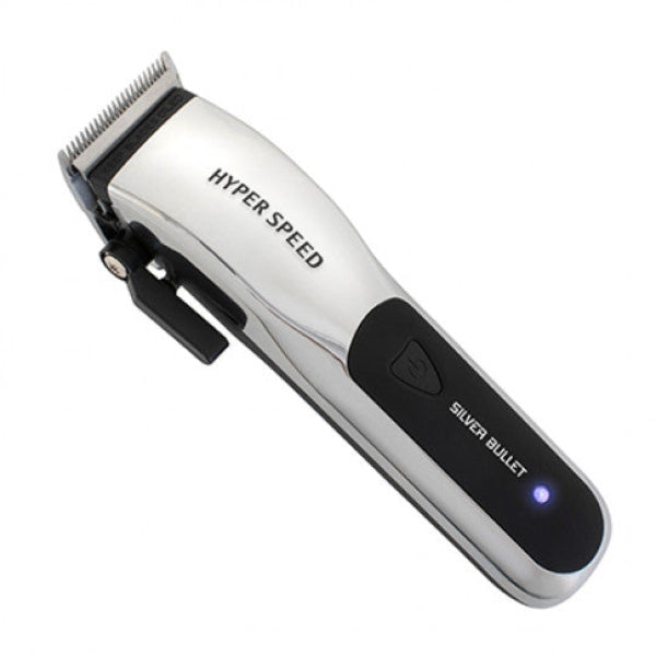 Hair clipper with 'Hyper Speed' and 'Silver Bullet' branding on a white background