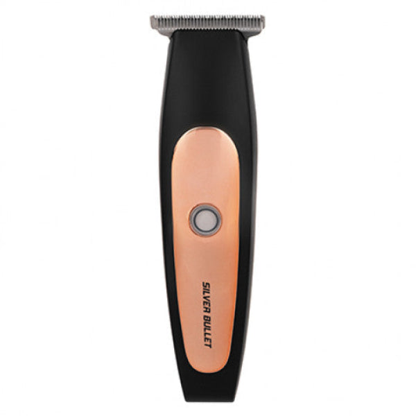 Black and rose gold hair trimmer with 'Silver Bullet' branding on a white background