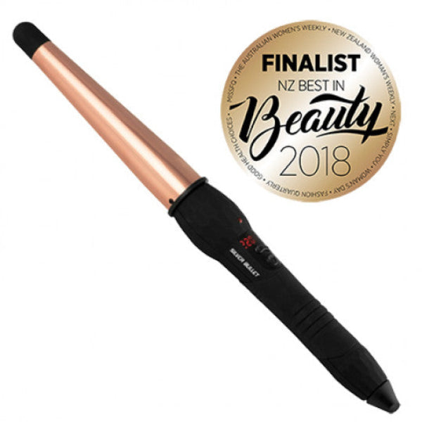 Hair straightener with a 'Finalist NZ Best in Beauty 2018' badge on a white background