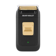 Black and gold electric shaver with 'Silver Bullet' branding on a white background