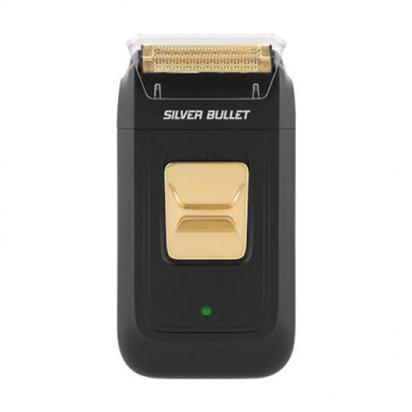 Black and gold electric shaver with 'Silver Bullet' branding on a white background