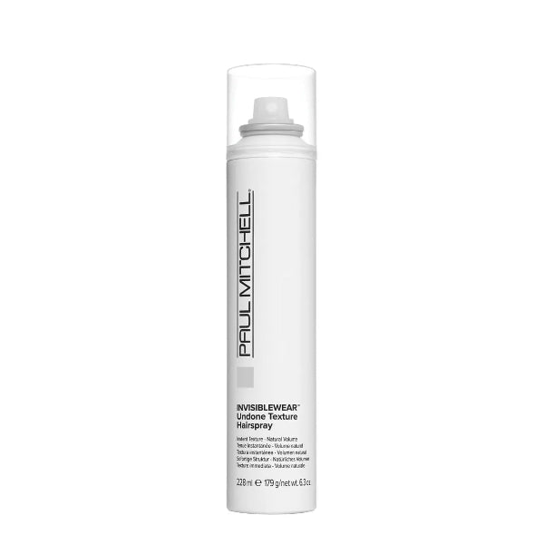 White hair spray bottle with black text on a white background
